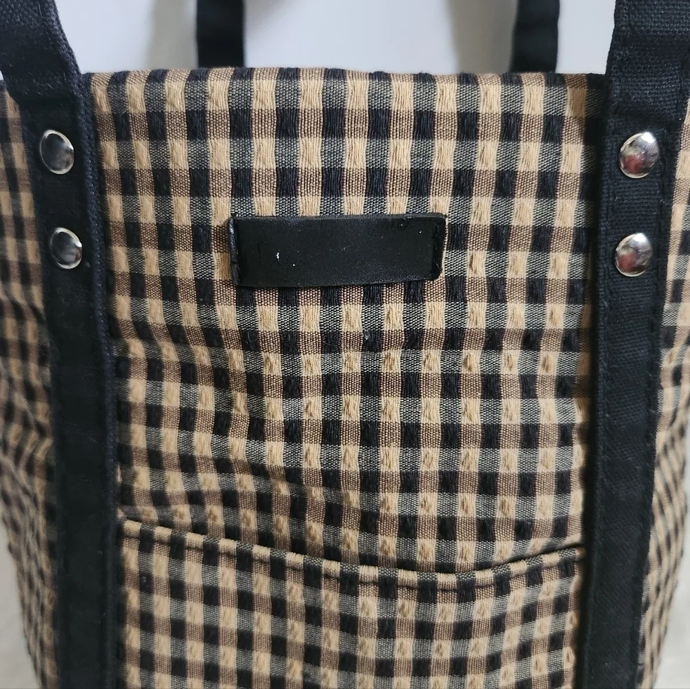 Longaberger Homestead Black Tan Checkered Plaid Tote Bag